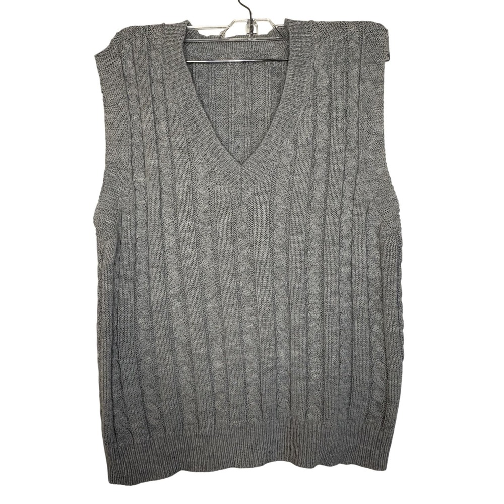 Shein Women's Gray V-Neck Trim Sleeveless Cable Knit Vest Sz Small